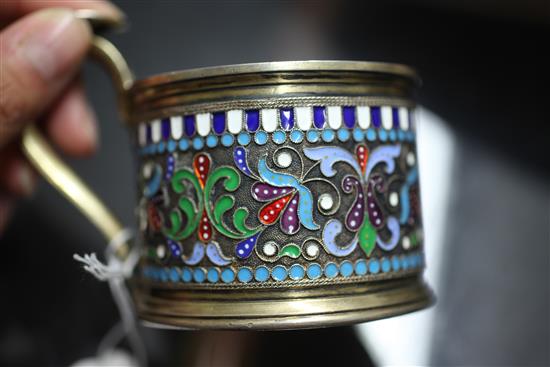 A late 19th century Russian 84 zolotnik silver gilt and cloisonne enamel cup by Khlebnikov, gross 5.5 oz.